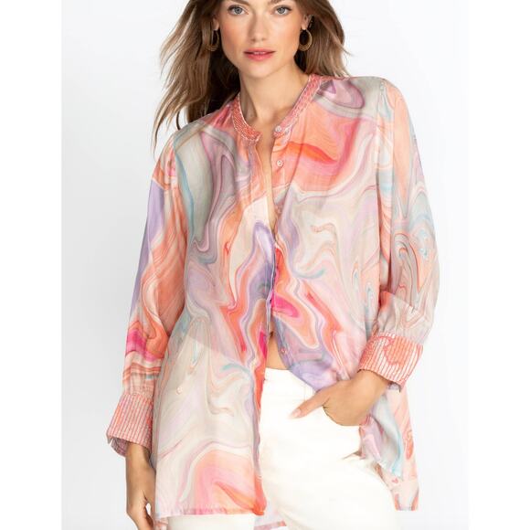 Johnny Was Workshop Laguna Vesper Voyager Tunic Silk Blouse Top L - Picture 1 of 6